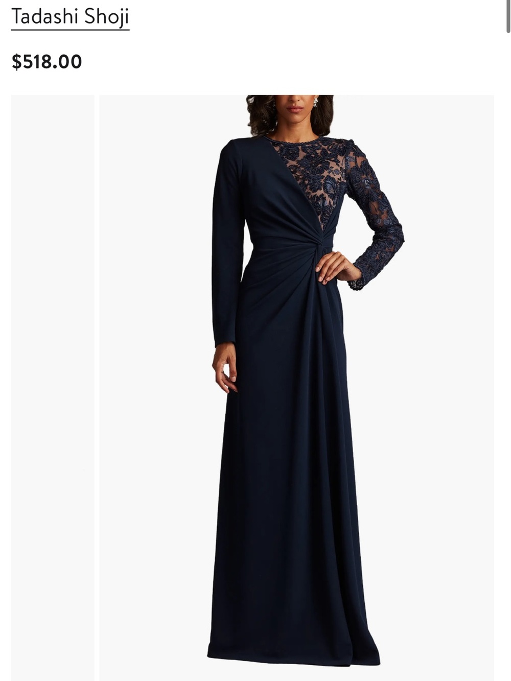 Tadashi Shoji Navy Lace & Sequin Long Sleeve Twist Gown Sz 12